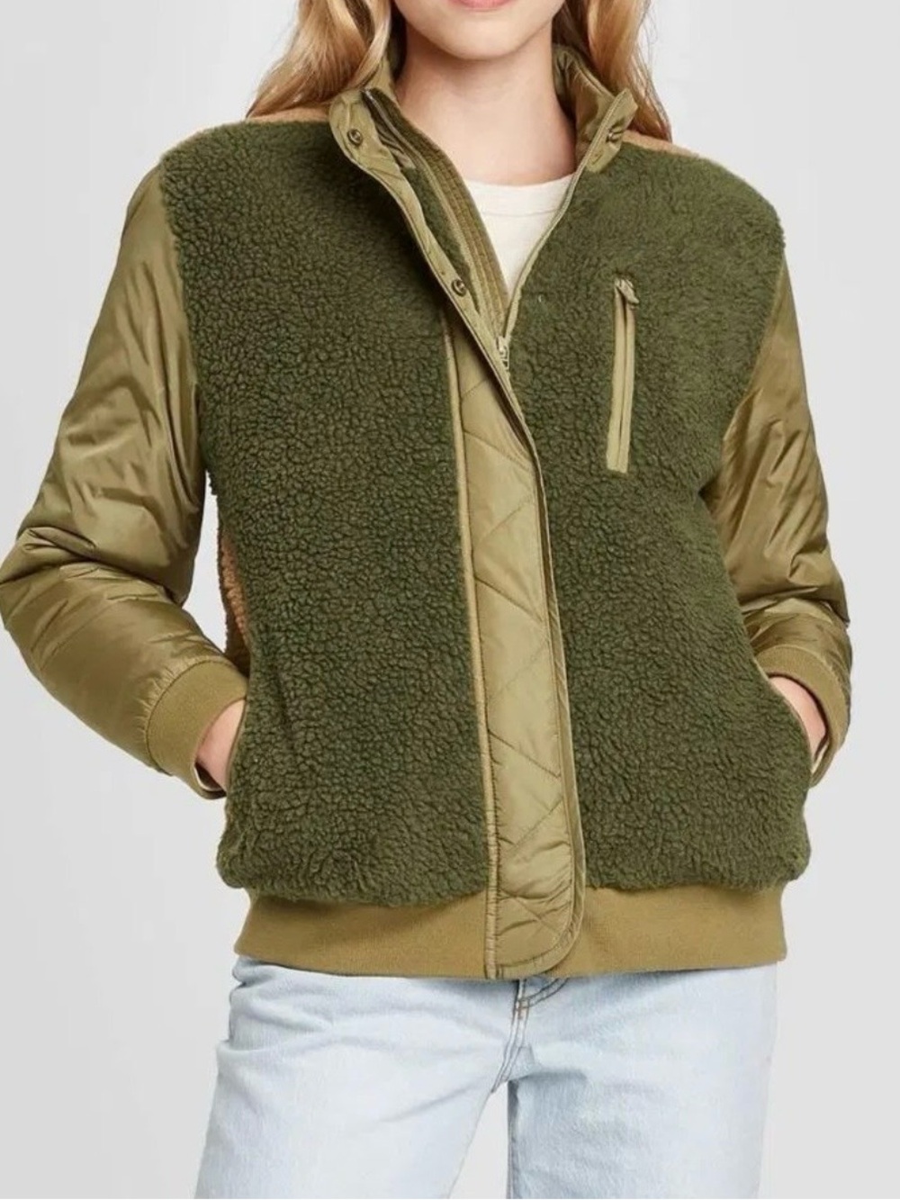 Universal Thread Olive & Tan Sherpa-Front Puffer Jacket - Picture 4 of 4